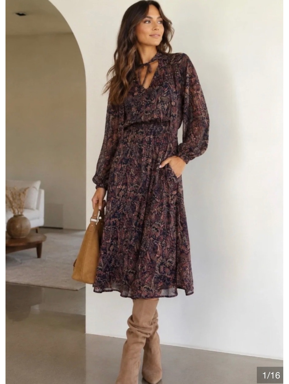 Evereve Eliza Tie Neck Paisley Midi Dress Size XL Black Multicolor Fall Boho